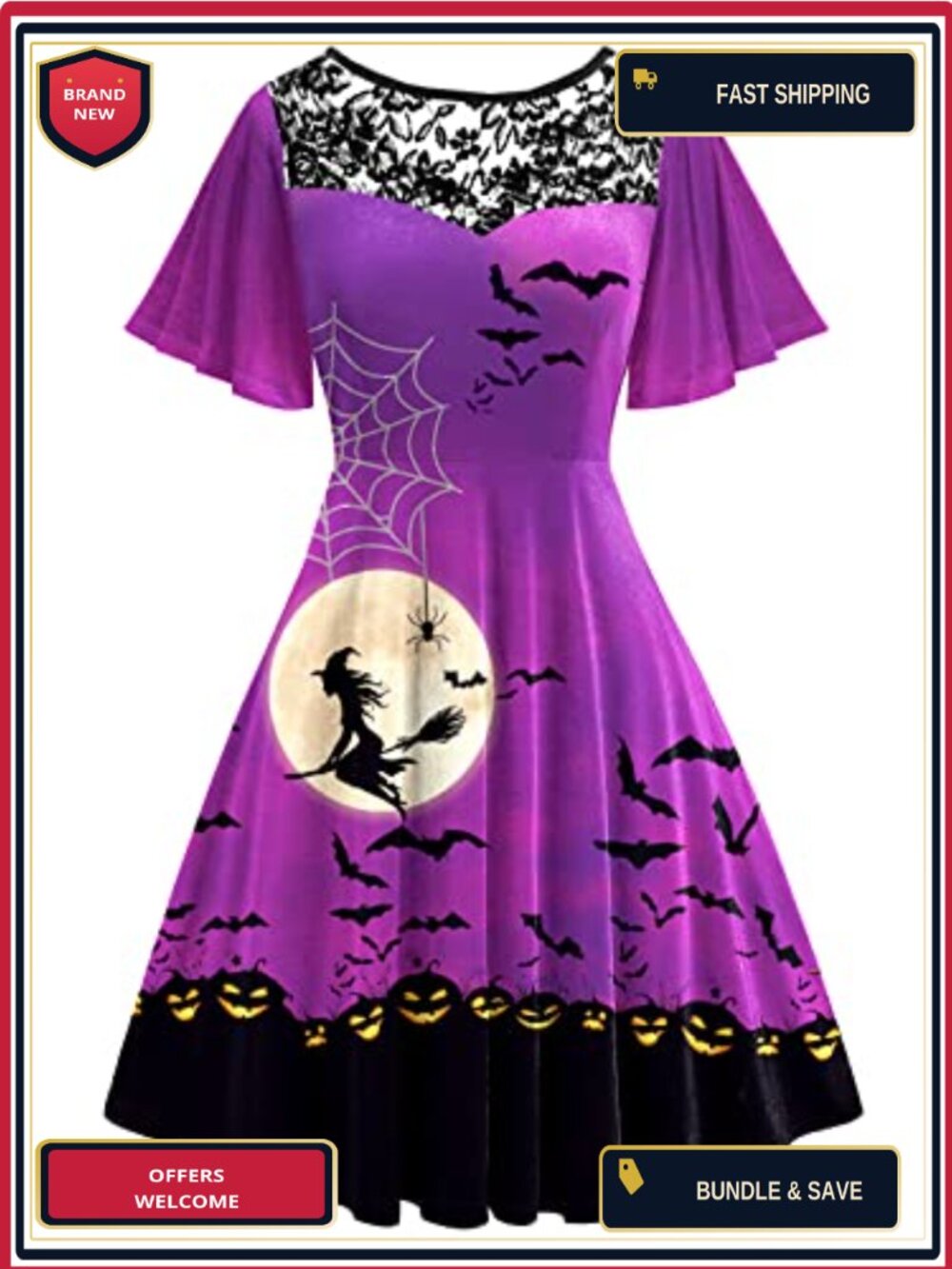 Women Halloween Dress Lace Flutter Sleeve A-Line Party Dresses